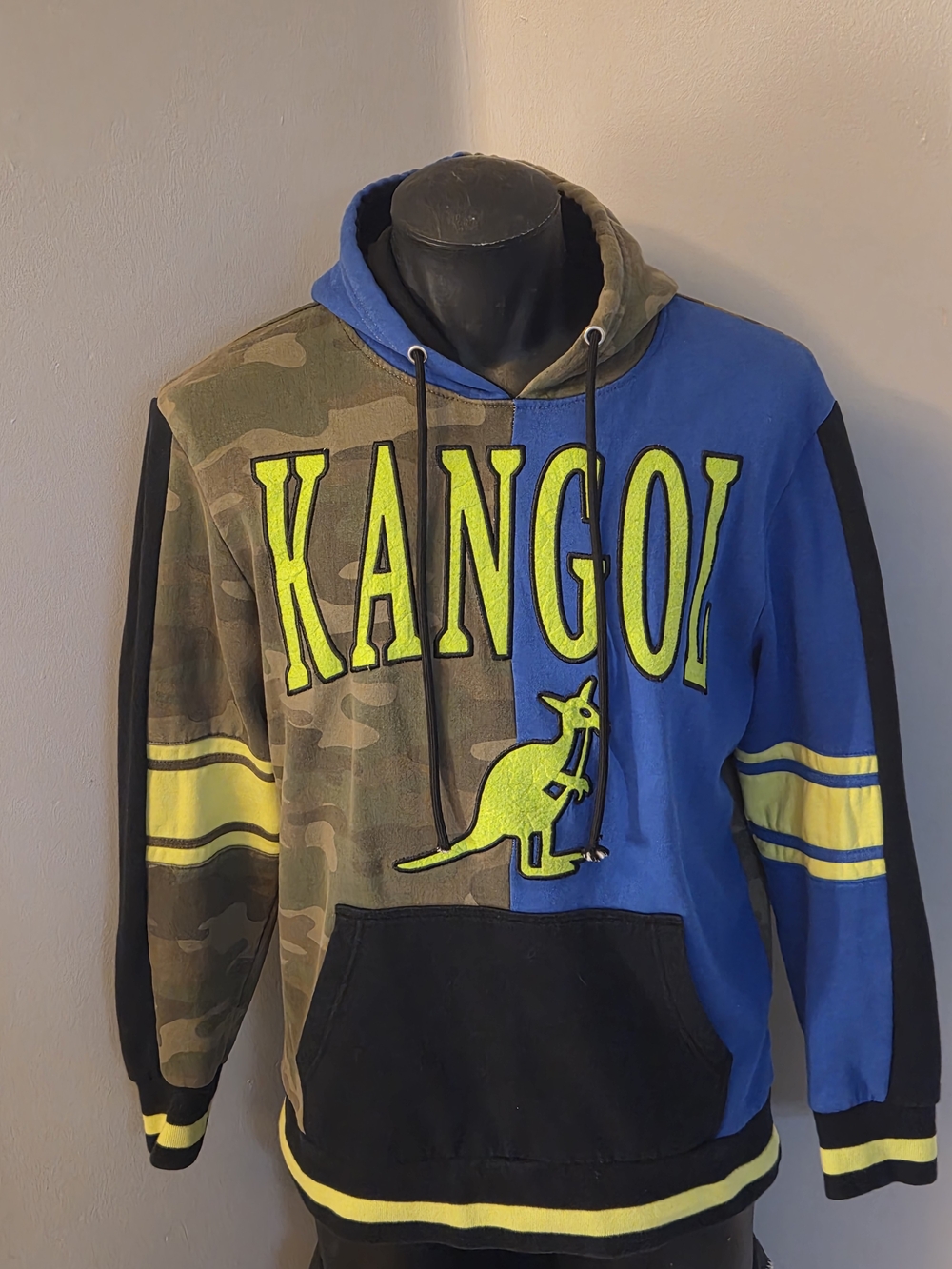 Kangol Men's Blue & Camo hoodie with Neon Yellow Logo